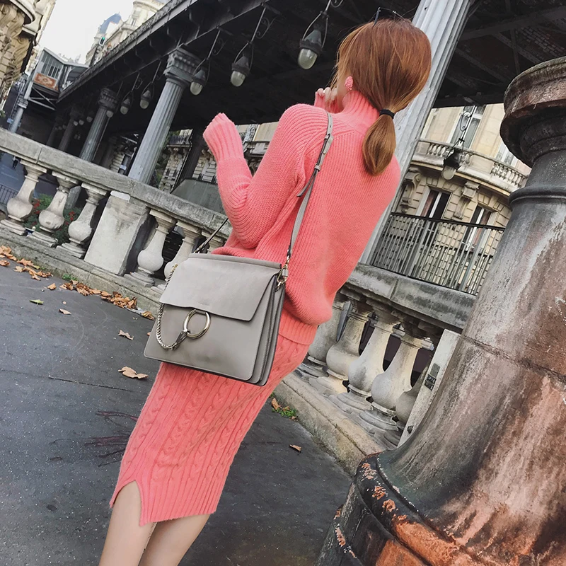 Женский комплект 2 шт. с длинными рукавами водолазка свитер + юбка-карандаш