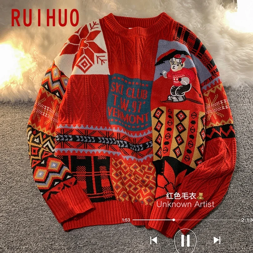 

RUIHUO Little Bear Knitted Sweater Men Clothing Harajuku Sweaters Pullover Men Sweater Fashion Mens Clothes M-2XL 2021