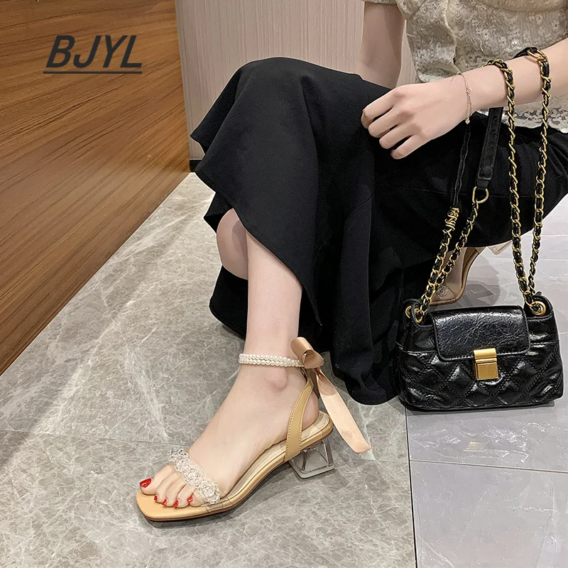 

Pearl sandals female lace-up fairy style Mary Jane shoes 2021 new summer crystal flower high heels female thick mid-heel