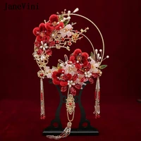 janevini retro red chinese bridal bouquets fan artificial velvet 3d flowers pearls luxury metal hollow fan wedding accessories