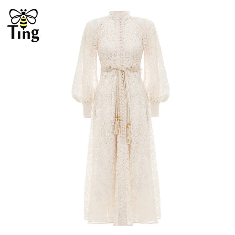 Beige Long Style Tingfly, подиум, дизайнерское, кружевное, миди, длинное платье, однобортное, на пуговицах, с вырезом, длинное, кружевное платье, Vestidos, Платья для вечеринок+ пояса - Цвет: Beige Long Style