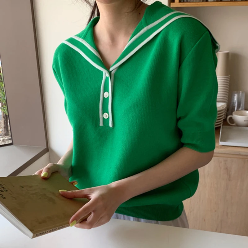 

Korean Chic Niche Age-Reducing Navy Collar Trim Three Buttons Loose Wild Pullover Short-Sleeved Sweater Top Women