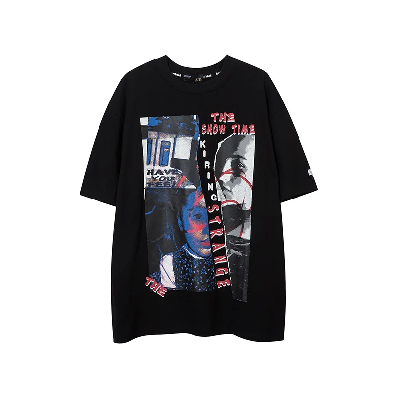 

2021 American Street Dark Portrait Printing Short-Sleeved T-shirt Men's Trendy High Street Loose Hiphop Couple Top