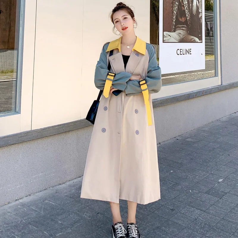 

Woman Trench Coat Fashion Loose Hit Color Long Sleeve With Sashes Loose Windbreaker 2021 New Autumn Casual Female Overcoat H1684