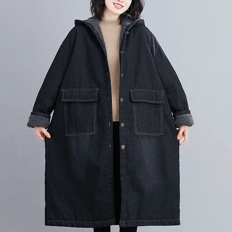 

Women Winter Lambswool Black Denim Coat Female Faux Loose mid-length Jean Ladies Warm Hooded Parkas Coat tide FC400