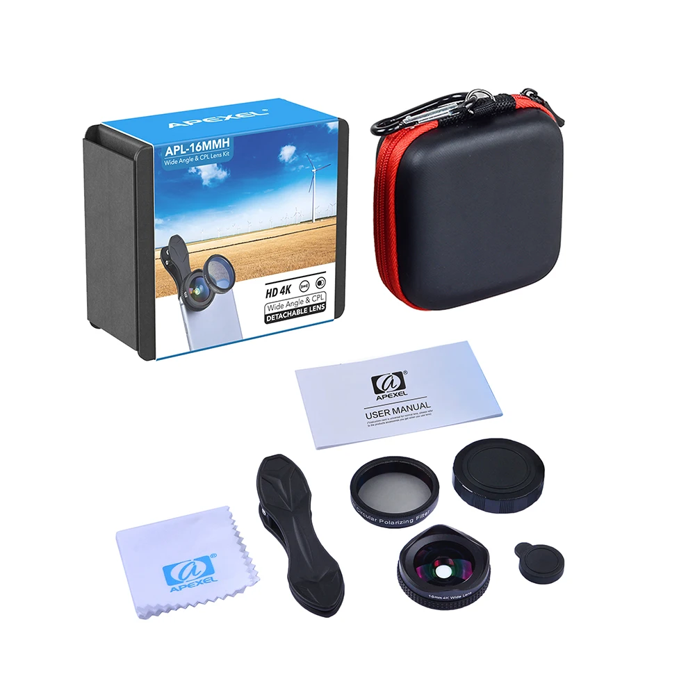 

APEXEL Pro Camera Lens Kit 16mm 4K Wide Angle Lens With CPL Filter 2 in 1 HD Universal Clip Phone Lens For iPhone Xiaomi Samsung