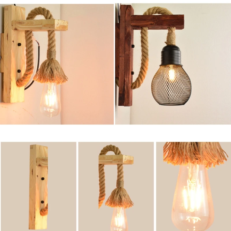 

E27 American Style Pastoral Hemp Rope Wall Lamp Vintage Wooden Wall Light for Restaurant Coffee Shop Decor(Without Bulb)