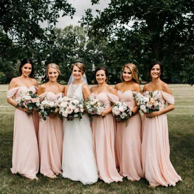 

Винтажное длинное шифоновое плиссированное платье А-силуэта для подружки невесты с карманами и открытыми плечами, индивидуальные Платья На Шнуровке Для свадебной вечеринки