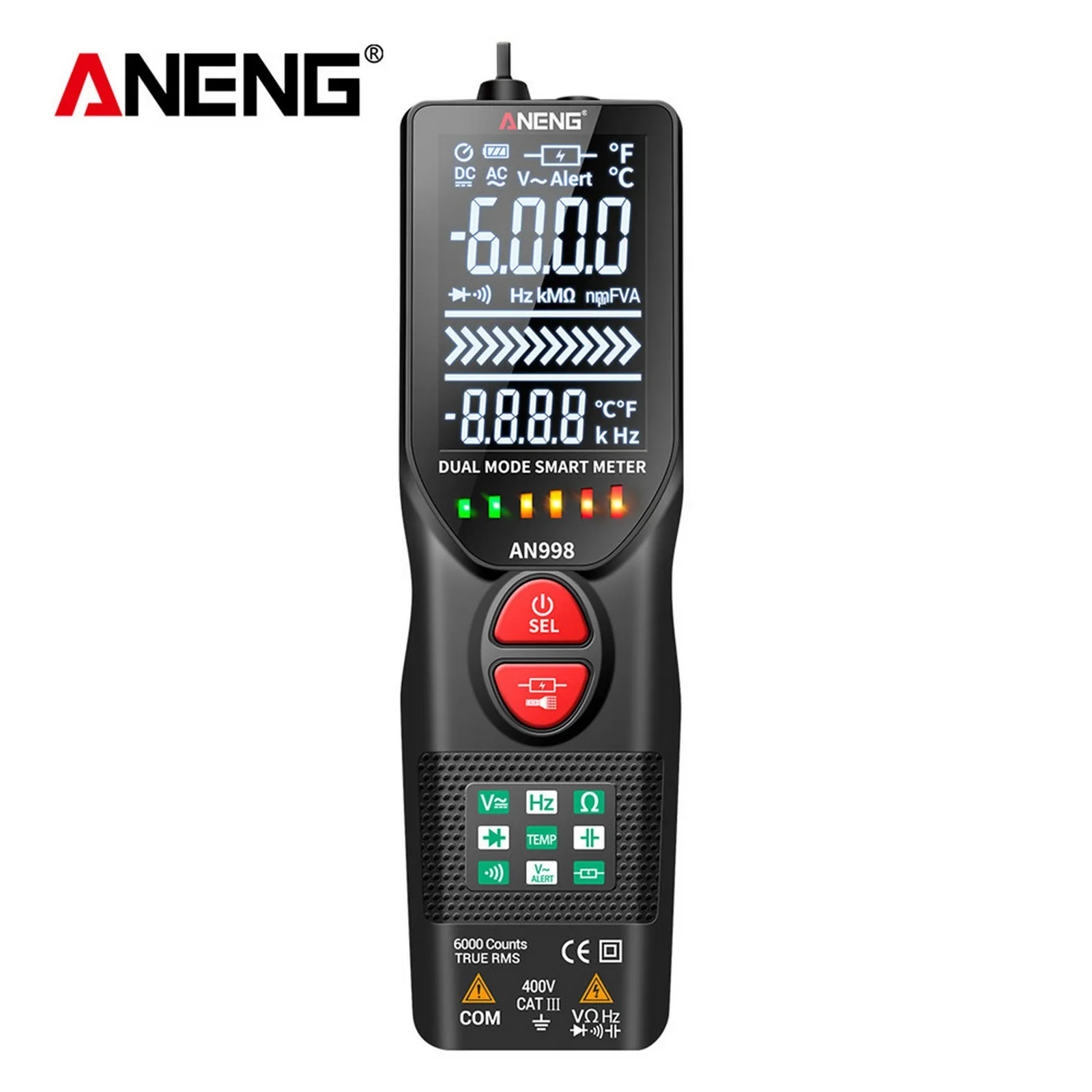 

Мультиметр ANENG AN998, Автоматический диапазон, 6000 отсчетов, Вольтметр переменного/постоянного тока, датчик температуры Ом, детектор герц, инст...