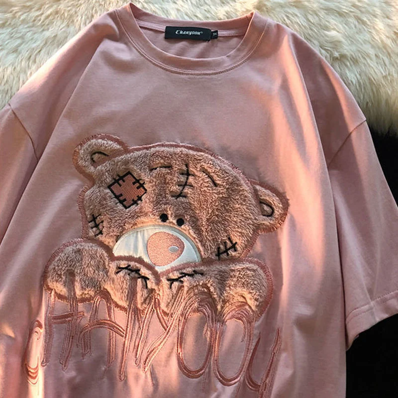 

3colors Weak Bear Embroidery T Shirts 2021 Summer Big Size Basic Cotton O-neck Casual Tops Korean Fashion Graphic Tee for Teens