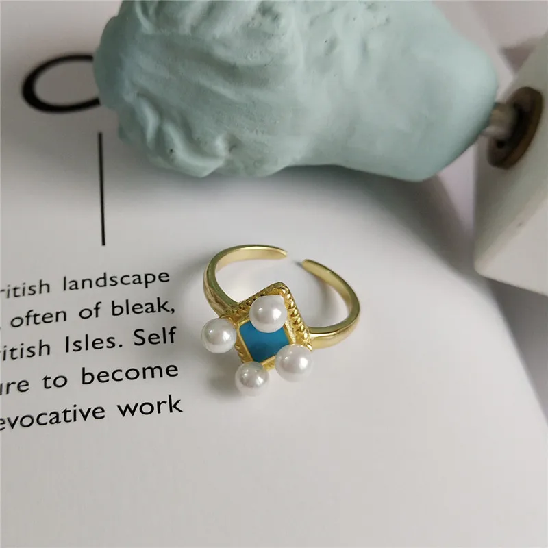 RUIYI Real 925 Sterling Silver New Macaroon Blue rhombus Pearl Rings Women Fashion Korean Style 18K Gold Plated Chic Niche | Украшения и