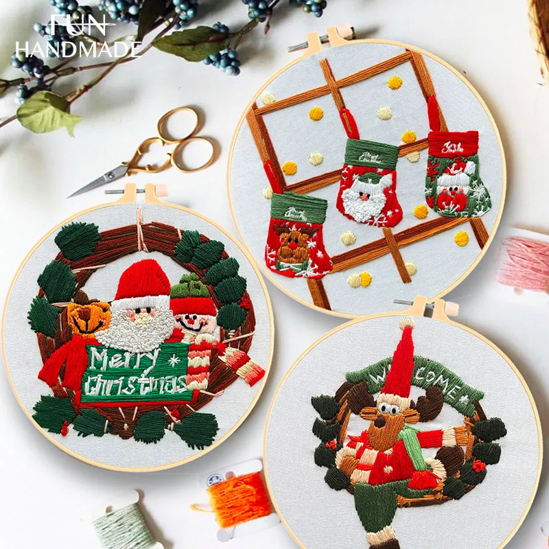 

DIY Christmas Style Embroidery Kit Santa Claus Stocking Pattern Cross Stitch with Hoop Handmade Crafts X'mas Decor Couple Gift