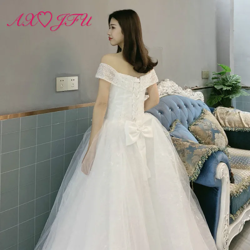 

AXJFU princess white lace bride wedding dress party vintage boat neck illusion beading crystal flower bride wedding dress