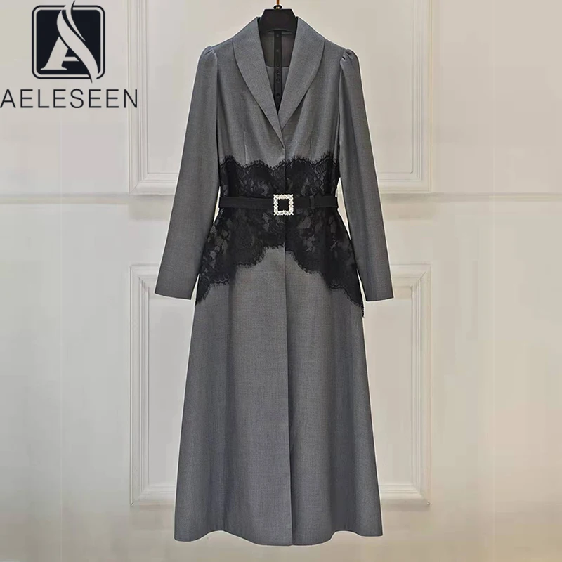 

AELESEEN Women Office Ladies Dress 2022 Spring New Gray Lace Pathwork Long Sleeve Slim Elegant Diamonds Belt Working XXL