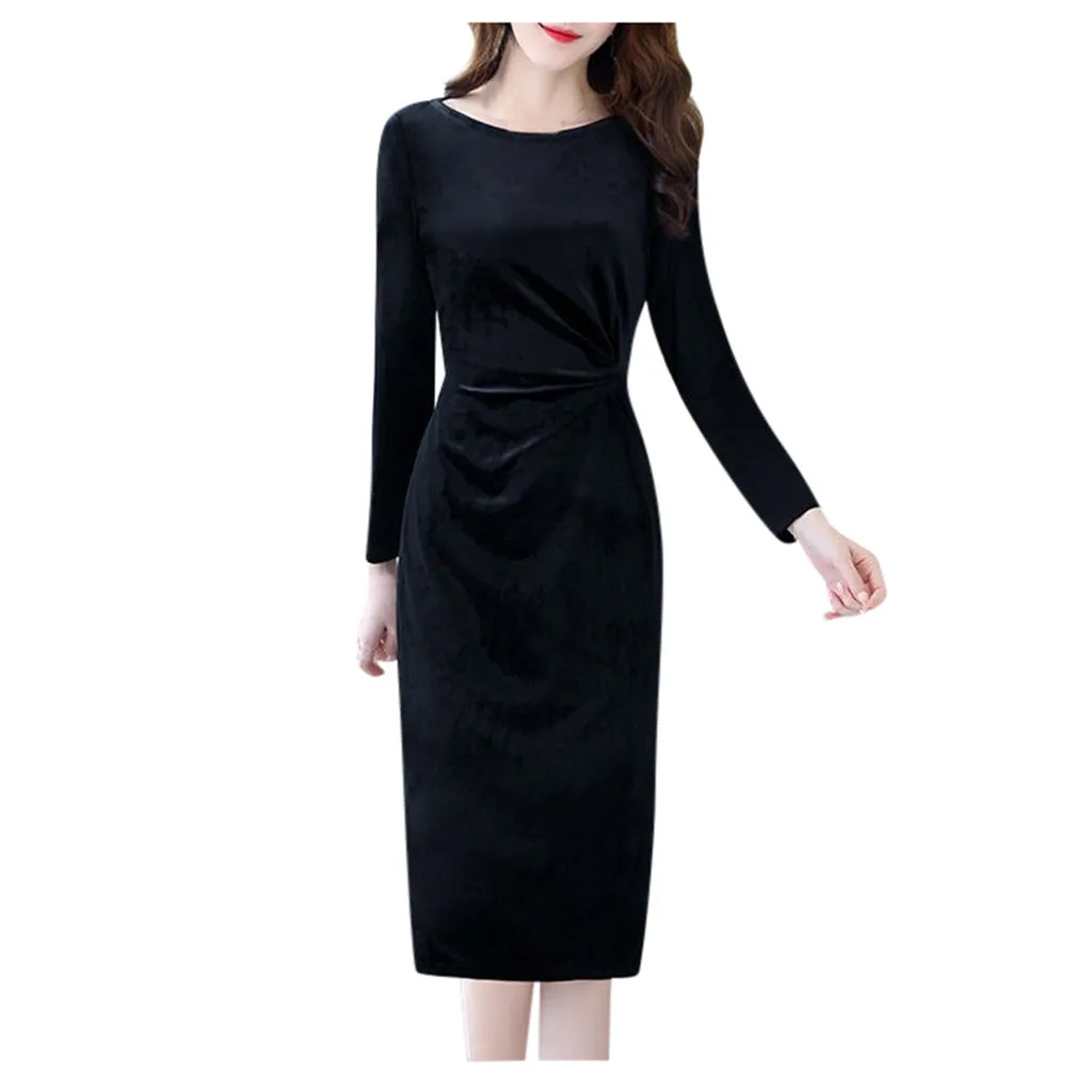 Модное офисное женское платье зимнее бархатное средней длины с круглым вырезом и