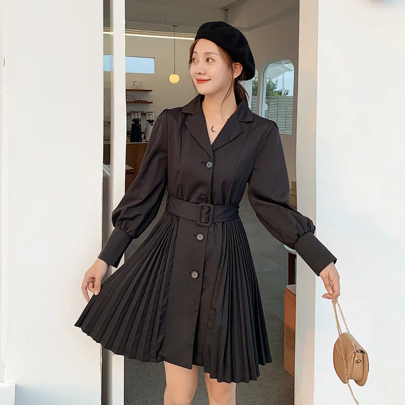 

Fashion Korean OL Elegant Lady Windbreaker Suit Pleated Party Long Sleeve Dress Women Vestido Dresses Vintage Dress