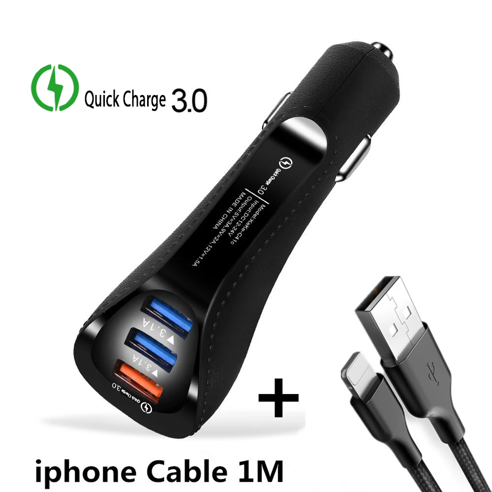 Black ip Cable QC3.0 3 порта USB Автомобильное зарядное устройство 3.1A мобильный телефон Быстрая автомобильная зарядка Универсальный адаптер для iphone samsung huawei Xiaomi автомобильные зарядки - Тип штекера: Black ip Cable