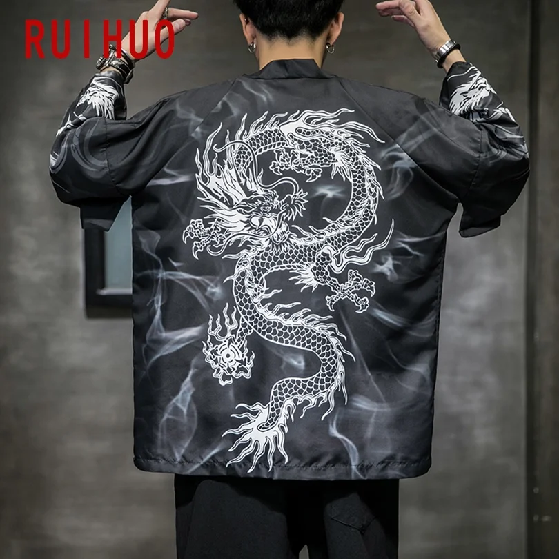 

RUIHUO Print Kimono Men Clothing Summer Harajuku Kimono Cardigans Tops Male Shirt Japanese Streetwear M-5XL 2021 New Arrivals