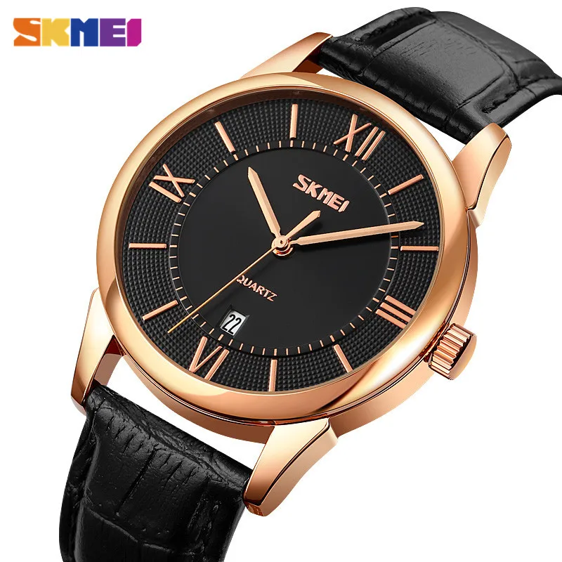 SKMEI Top Brand Quartz Wristwatches For Men Waterproof Shock Resistant PU Leather Strap Date Watch Mens Clock Relogio Masculino