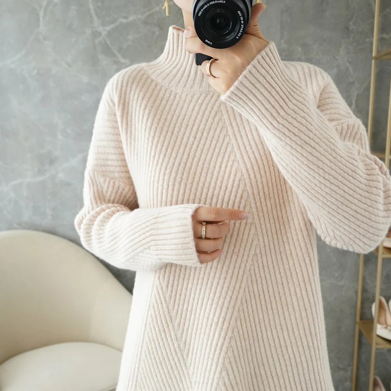 

Женский свитер из 100% шерсти и кашемира, винтажные элегантные женские пуловеры, зимняя Водолазка с длинным рукавом, свободные джемперы