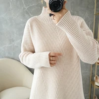 100 wool cashmere sweater women vintage elegant solid strip female pullovers winter turtleneck long sleeve loose jumpers tops