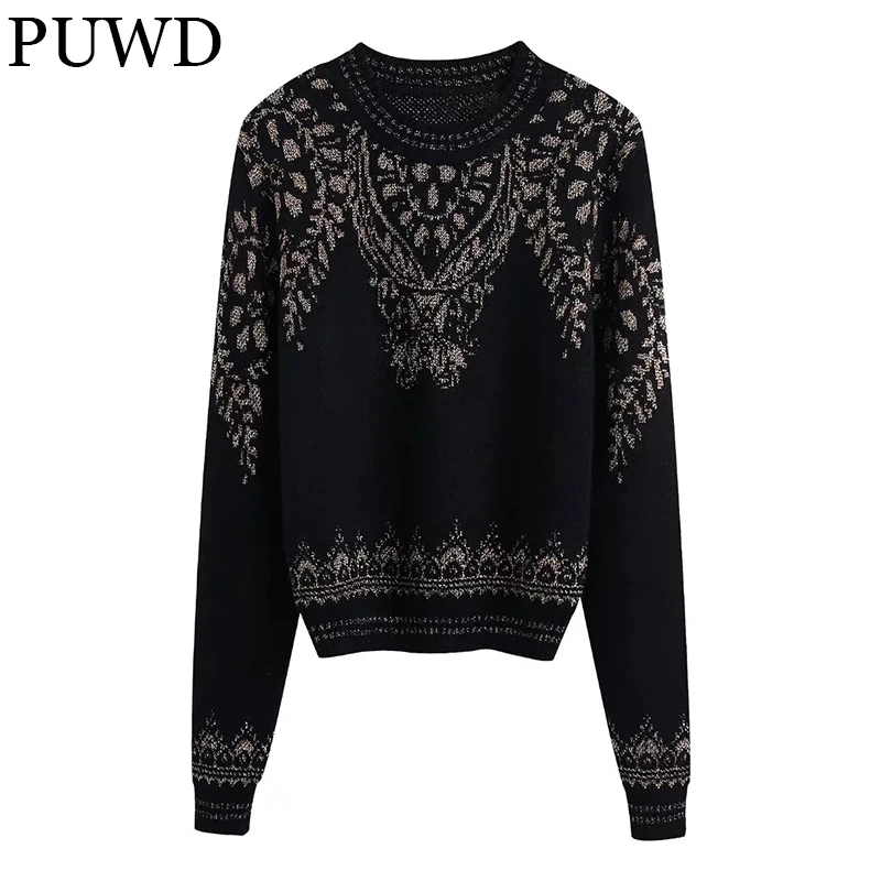 

PUWD Casual Women O-Neck Metallic Thread Knitted Sweater 2021 Autumn Street Vintage Ladies Pullover Loose Female Chic Knitwear