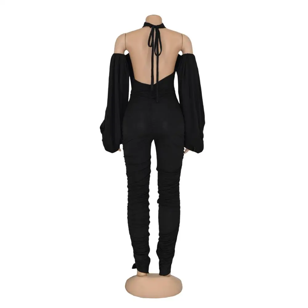 Echoine Sexy Lace Up Backless Jumpsuit Off Shoulder Halter Rompers Pleated Stacked ELegant Skinny Overalls Club Party Streetwear