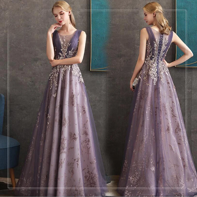 

2021 New Top Quality Elegant Glitter Flowers Design Purple Lace Up Long Evening Dresses Prom Party Dress Robe De Soiree