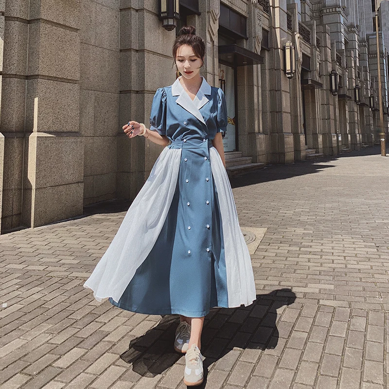 

Women Dress 2021 Summer Fashion Splice Elegant Double Breasted Korean Bandage Dress Female Puff Sleeve Party Long Dresses 391