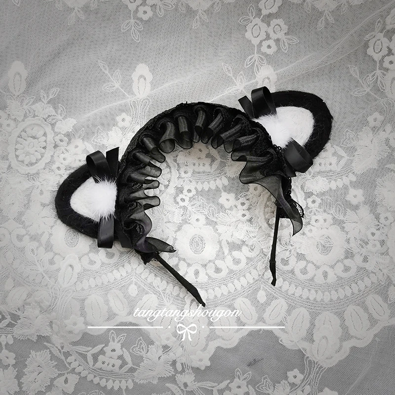 

Original Handmade Japanese Lolita Hair Accessories Diablo Gothic Headdress Black Lace Trim Hairball Ornaments Headband Hairpin