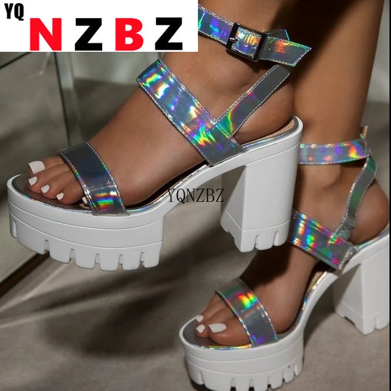 

2021 Rainbow Chunky Buckle Strap High Heels Sandals Mixed Color Platform Women Square Heels Sandals Summer Banquet Dress Shoes