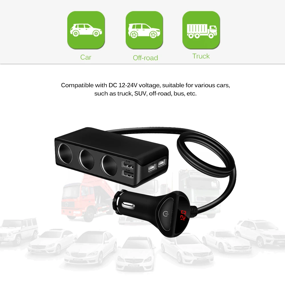 Разветвитель гнезда для автомобильного прикуривателя Onever 120 Вт 5 В 2 4 А USB 12 24