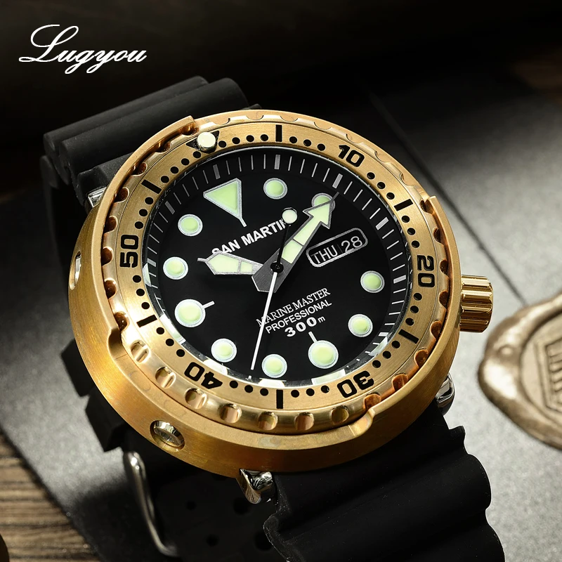 Механические Мужские часы Lugyou San Martin Tuna SBBN015 бронзовые резиновые черные