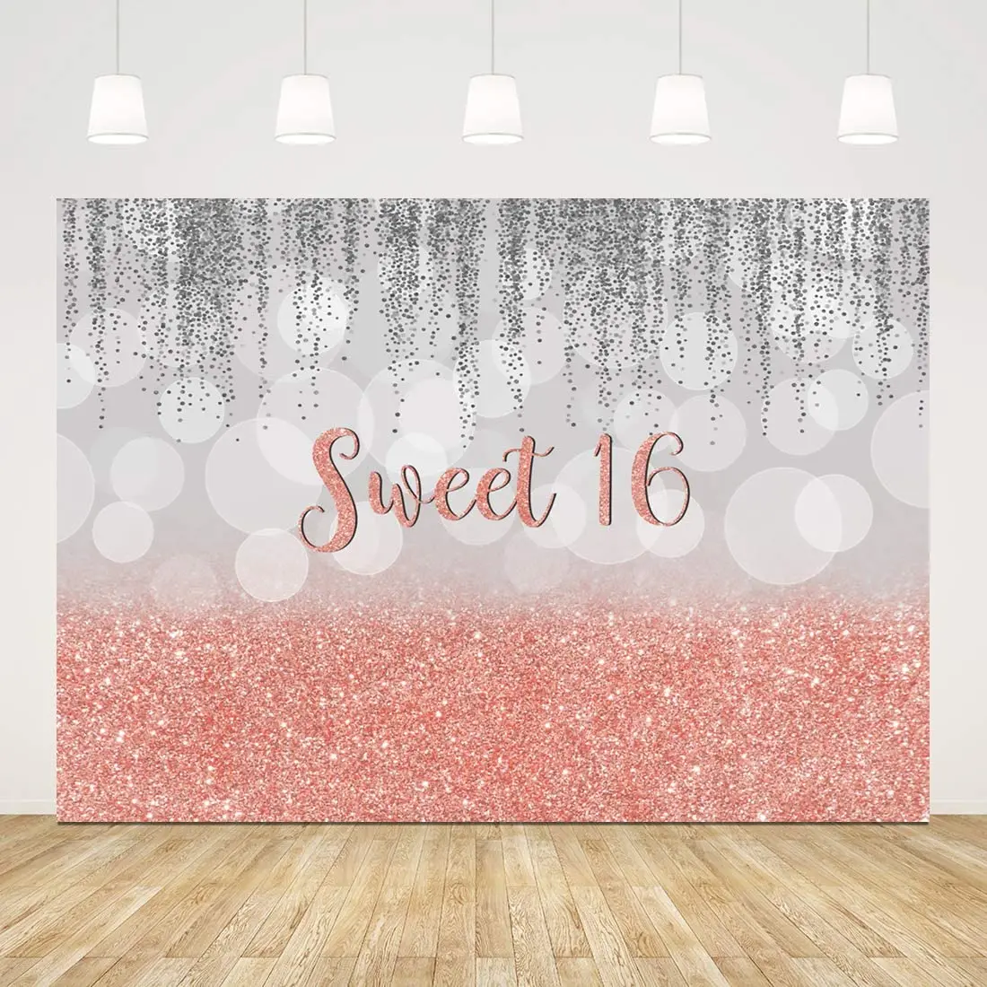

Sweet 16th Happy Birthday Party Photography Backdrop Rose Gold Background Bokeh Glitter Silver And Pink For Princess Banner