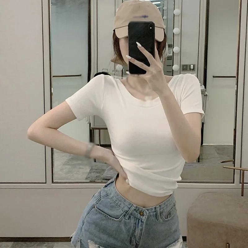 

Women Fashion Short-sleeved T-shirt Female Back Hollow Slim T-Shirts Summer Short Crop Top