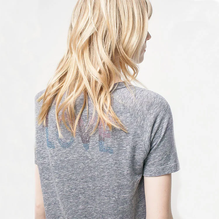 

Women Short Sleeve T Shirt Lady V Neck Hot Drilling Back Letter Casual Tee Female Loose Tops 2021 New