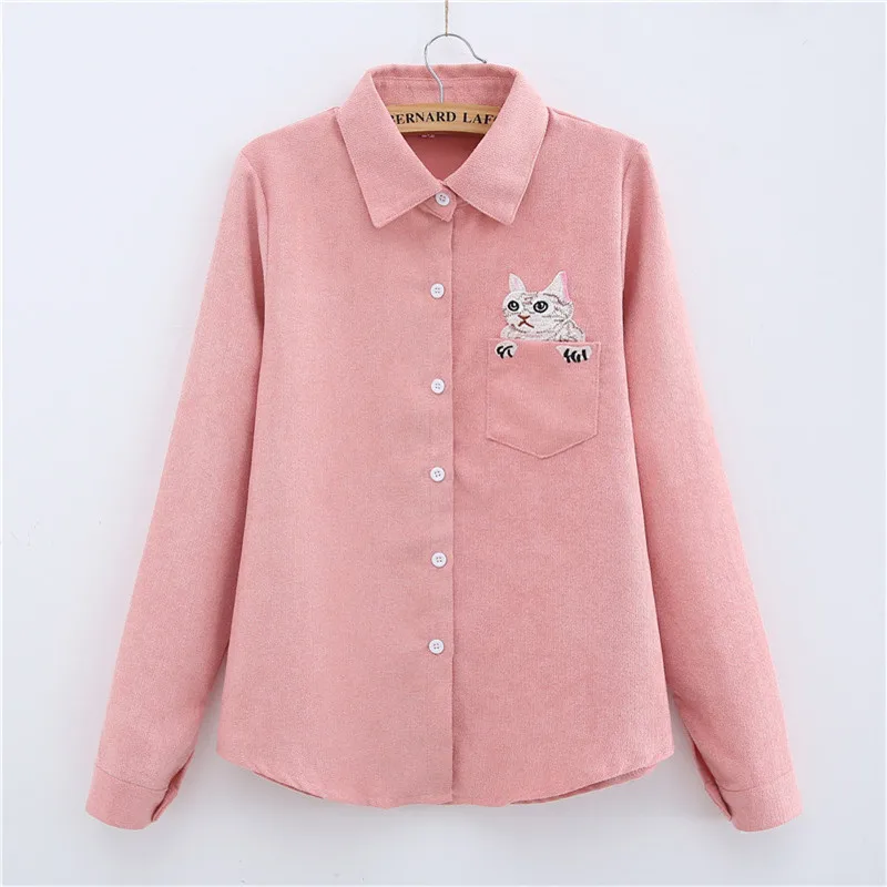 Женская Вельветовая блузка с вышивкой кошки длинным рукавом | одежда