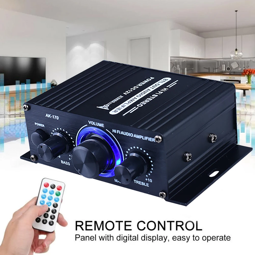 

AK170 12V Mini Audio Power Amplifier Digital Audio Receiver AMP Dual Channel 20W+20W Bass Treble Volume Control for Home Car Use
