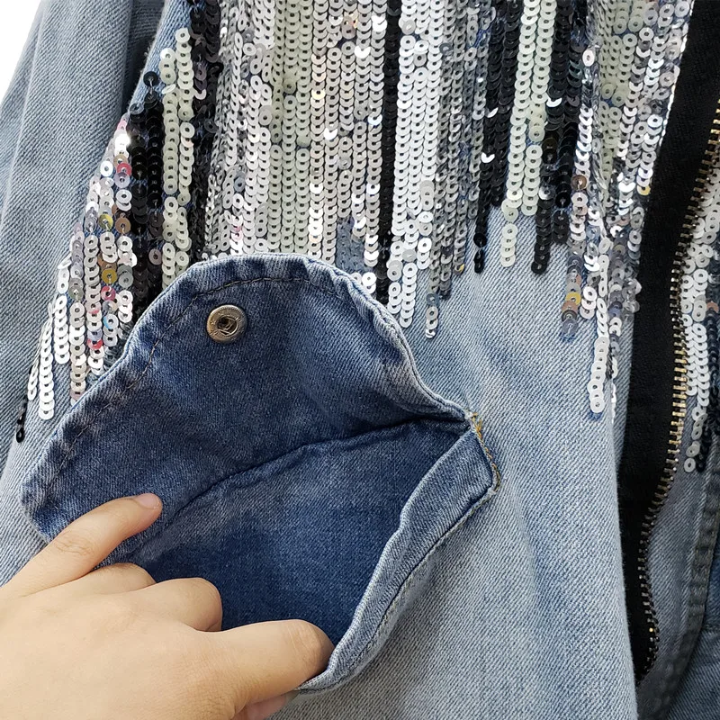 

Spring and autumn new bazhang oversize medium length Loose Pearl piece large Sequin denim jacket