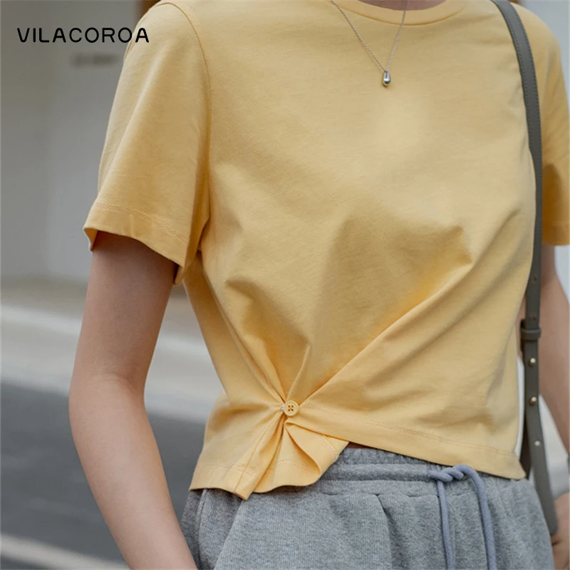 

Базовая Однотонная футболка с круглым вырезом и коротким рукавом, Женская Базовая укороченная свободная хлопковая футболка в Корейском ст...