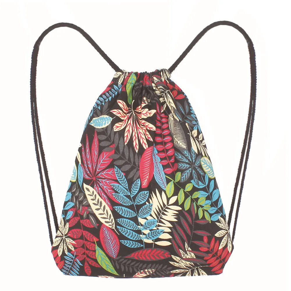 Fashion Women Drawstring backpack Storage Bag Leaf Printing High Capacity Bucket sports bag pocket pouch Shoulder Bag Canvas new