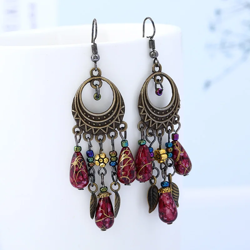Fashionable European and American temperament Fashion handmade retro multicolor long fringed bronze earrings | Украшения и