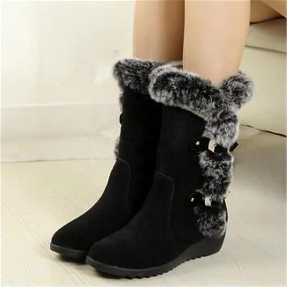 Winter Warm Women Cotton Shoes Ladies Mid Calf Boots High Tube Classic Thick Fleece Models Snow Boots Muje Plus Size 35-42 Black