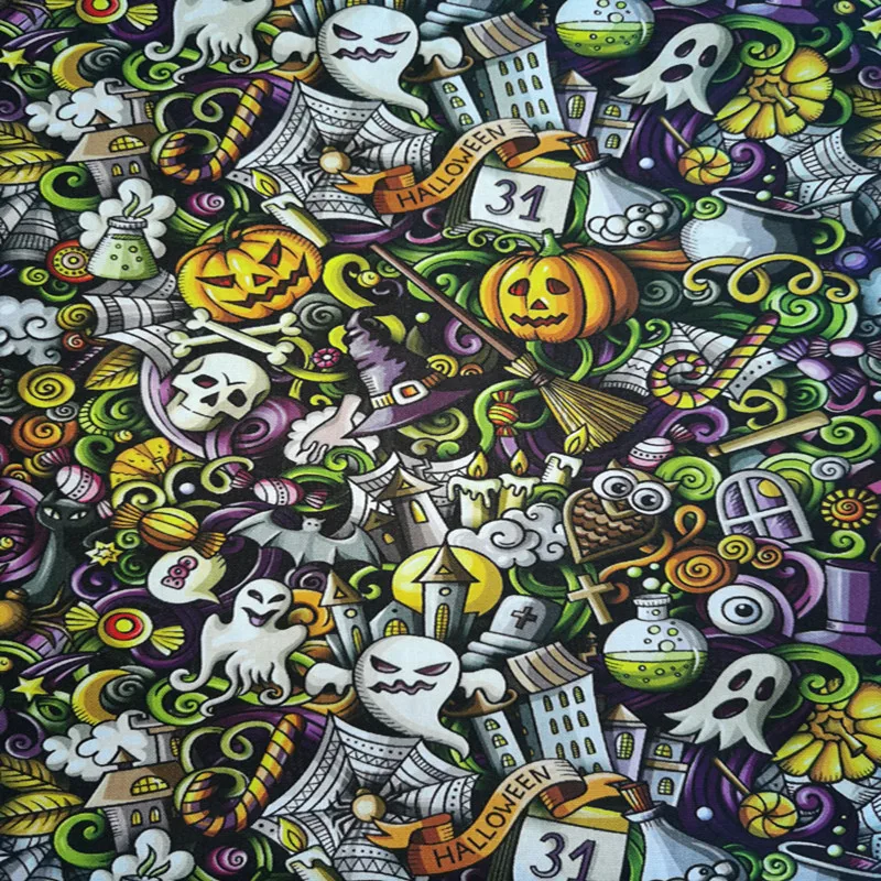 Haklloween Ghost Pumpkin Skull Besom Black 100% Cotton Fabric for Boy Clothes Hometextile Cushion Cover DIY-BL198