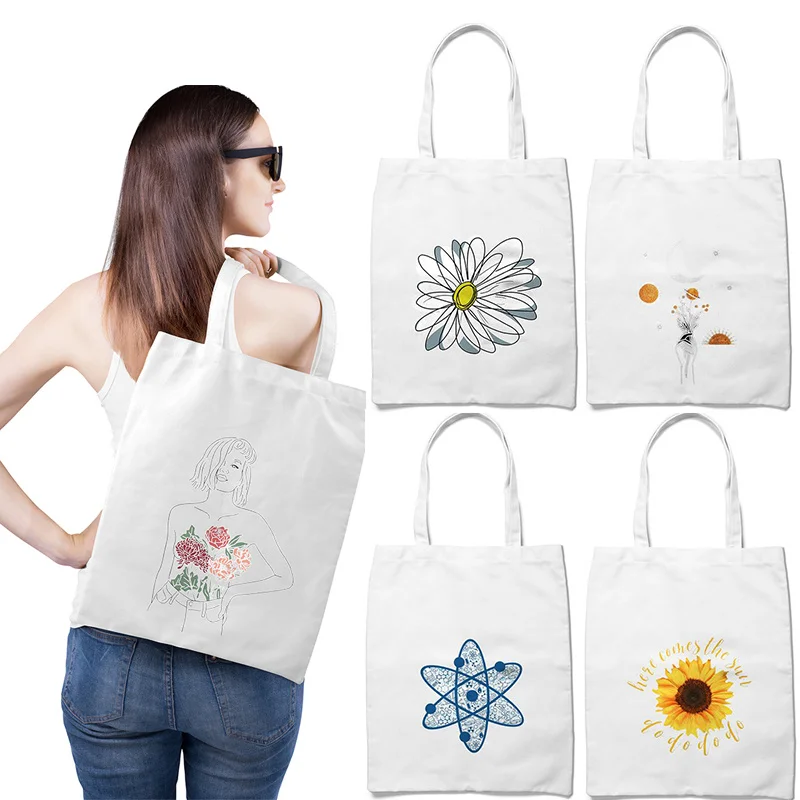 

Сумки для покупок с мультяшным рисунком цветов маргариток, женские сумки, тканевая Холщовая Сумка-тоут, женские экологически чистые многор...