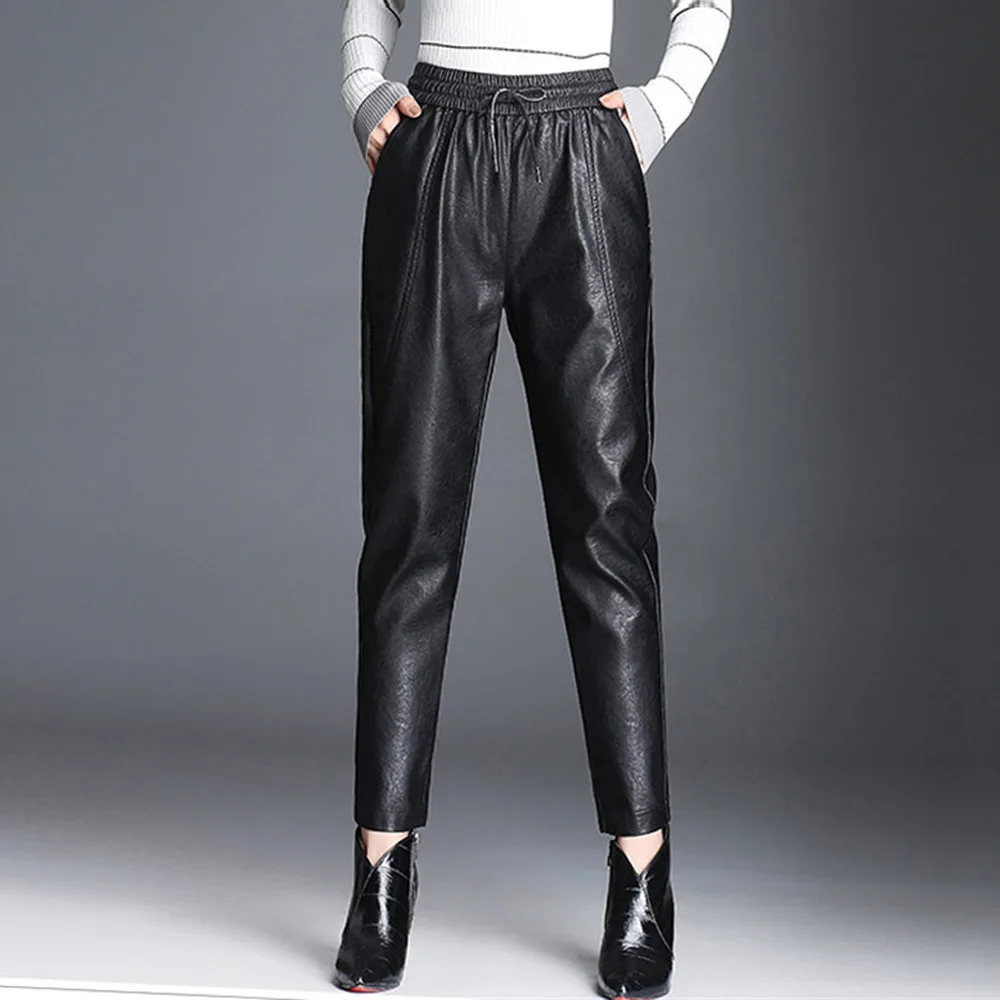 

PU Leather Women Pants Fashion Drawstring Ankle Length Trousers Elastic Waist Pants Pockets Black Streetwear Pantalones Mujer