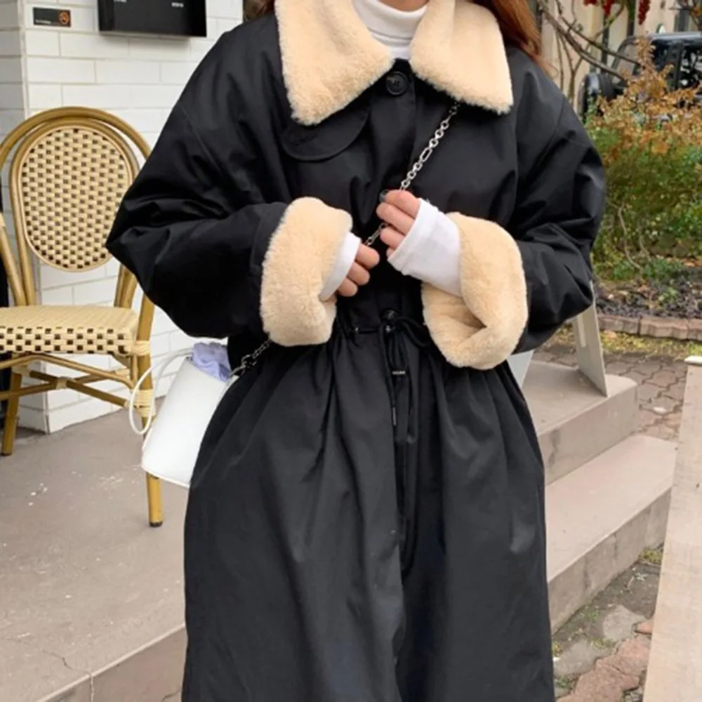

Women Fashion European Cotton Padded Jacket Casual OL Commuter Long Sleeve Solid Plus Velvet Lapel Thicken Winter Ladies Jacket