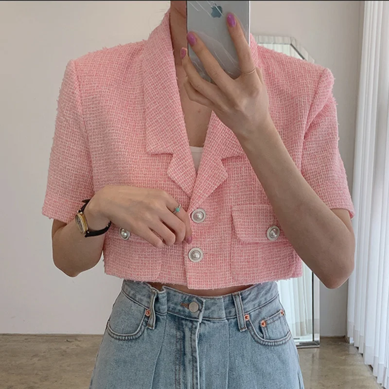 

2021 New Summer Korean Chic Ladies Vintage Loose Short Sleeve Tweed Jacket Women Crop Top Fashion Streetwear Short Coat Outwear