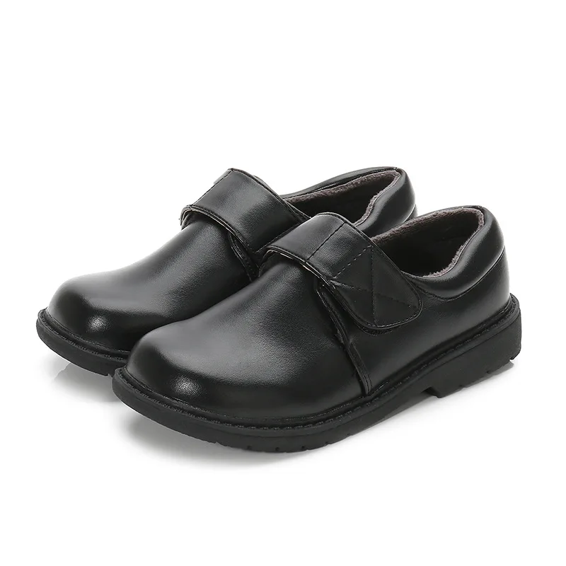 

Boys Black Student Performance Leather Shoes Autumn Winter British Style Flat Anti-slip and Waterproof Children Plush Warm Boots