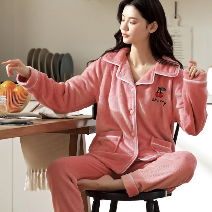 

Winter Women Flannel Pajamas 2020 New Autumn Warm Coral Fleece Home Wear Long Sleeve Cardigan Set Full Length